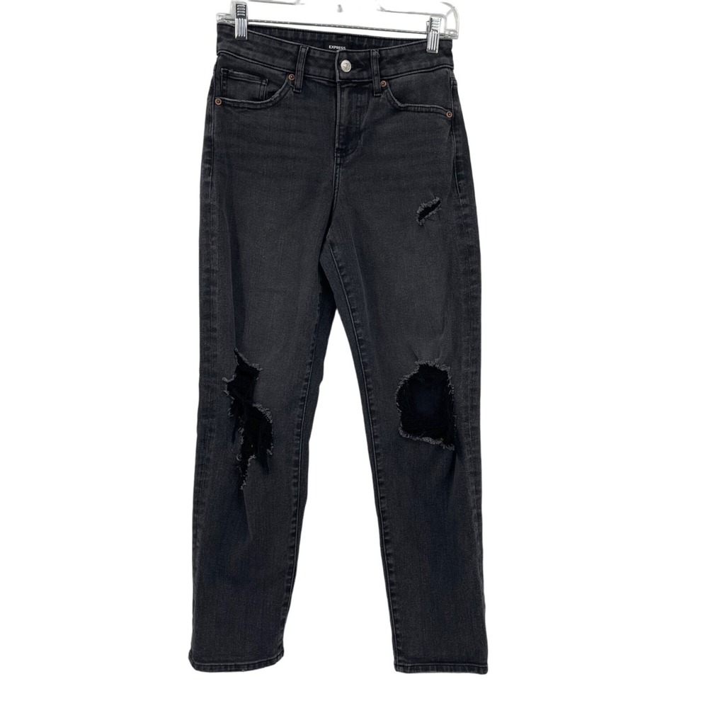 Express Boyfriend Jeans Womens 0 Black Distressed Mid Rise Straight Leg Denim